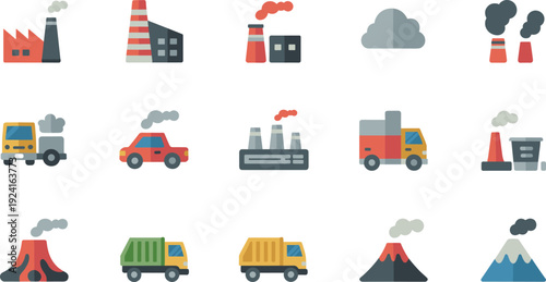 Air pollution flat vector icon set, factory smoke car emissions industrial climate illustration collection