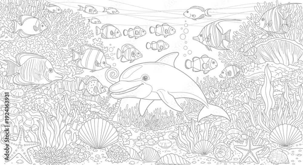 Fototapeta premium Dolphin Swimming with Fish in Ocean Scene.