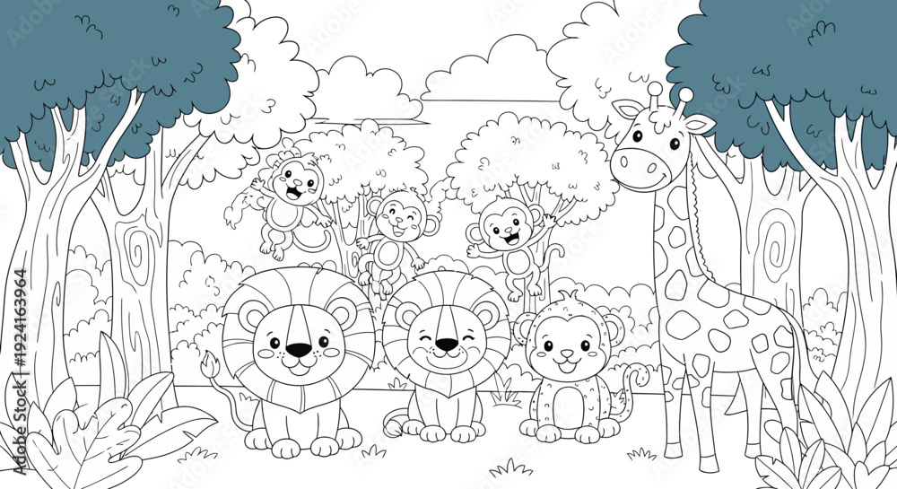 Obraz premium Cartoon Animals in Forest Illustration.