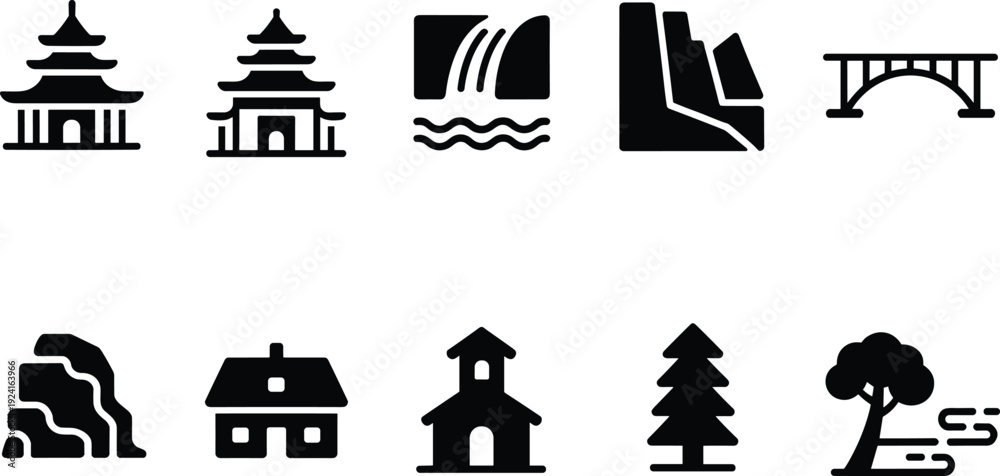 Fototapeta premium Black and white minimalist Japan landmark icon set, temple waterfall bridge house tree vector collection