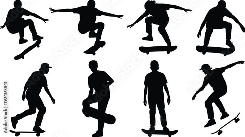 Silhouettes of people performing various skateboarding tricks on skateboards against a white background