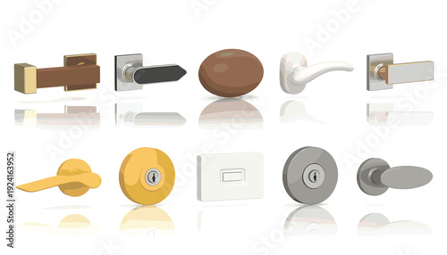 Realistic door handle and knob vector set with modern locks on white background
