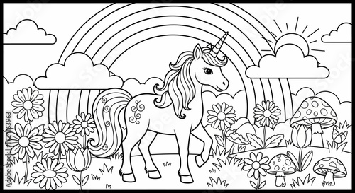 Black and White Unicorn Illustration with Rainbow.