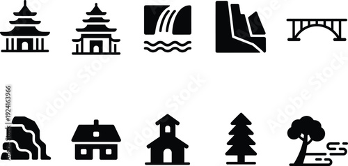 Black and white minimalist Japan landmark icon set, temple waterfall bridge house tree vector collection