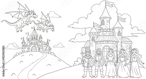 Fantasy Dragon Flying Over Castle Illustration.