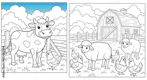 Cow Sheep Chickens Farm Animals Coloring Page.