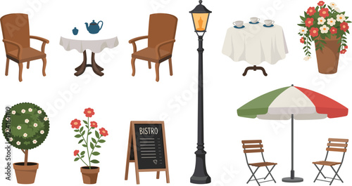 European street cafe flat vector set, bistro furniture lamp umbrella table chairs illustration collection