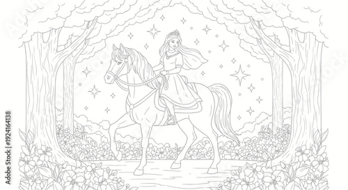 Woman Riding Horse Through Forest Illustration.