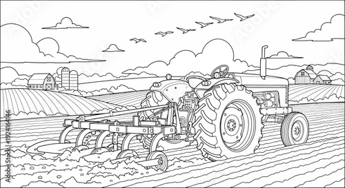 Tractor with Plow Agricultural Farm Equipment.