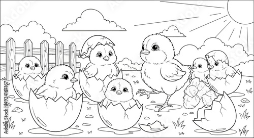 Hatching Chicks Cartoon Illustration.
