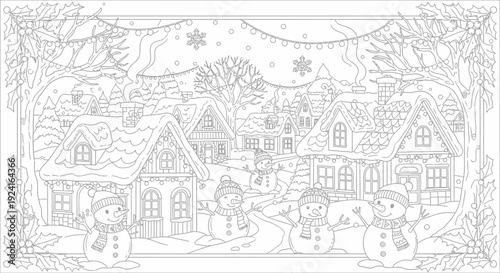 Detailed Pencil Drawing of Snowmen and Houses.