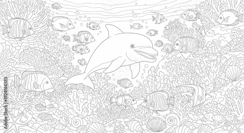 Dolphin Illustration Line Art Ocean Scene.