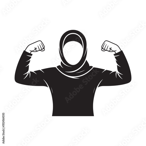 Black and white illustration of a woman in a hijab flexing muscles