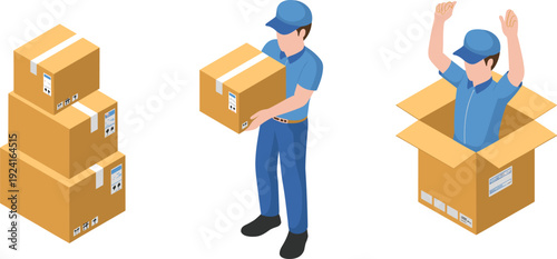 Isometric courier delivery illustration with stacked cardboard boxes, worker carrying parcel and creative package surprise concept