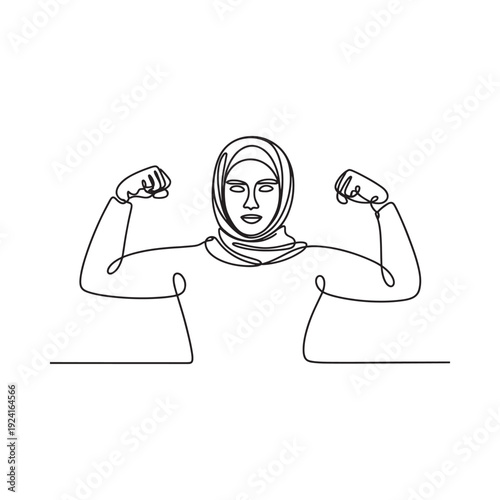 Line drawing of a woman in hijab flexing her biceps