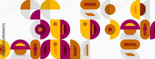 Abstract geometric shapes overlap, creating playful composition. Colors include gold, plum, gray. Design feels modern, artistic.