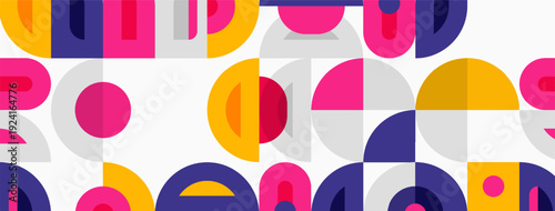 Abstract geometric pattern. Circles, semicircles, rectangles overlap. Bright colors create playful visual texture. Modern design element.
