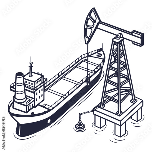 A ship next to an offshore oil pump jack
