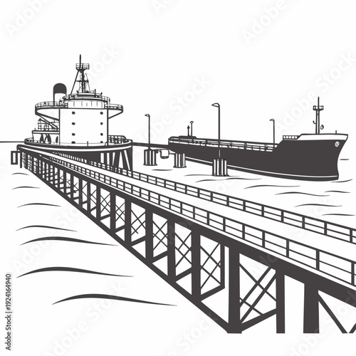 A large ship is docked at a pier with a building