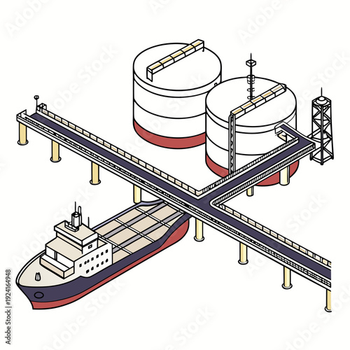 A cargo ship is docked at a port with storage tanks