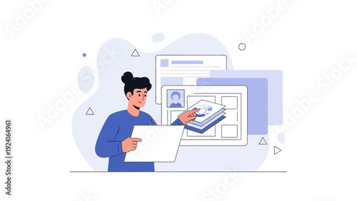 Person organizing data files and documents, digital information management concept