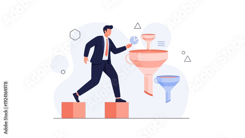 Businessman navigating sales funnel, business strategy concept illustration