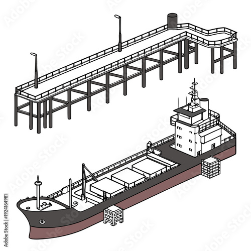 A cargo ship is docked at a pier