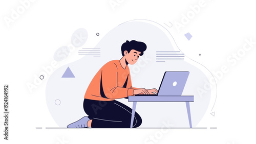 Young man working on laptop at home, modern flat illustration