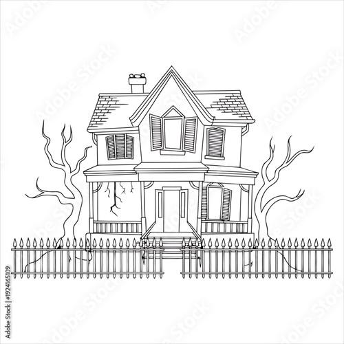 Spooky haunted house with twisted trees
