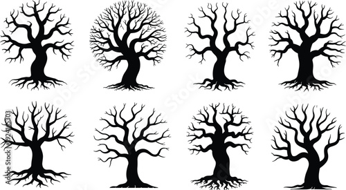 Eight black and white silhouettes of bare trees with intricate branches and roots on a white background