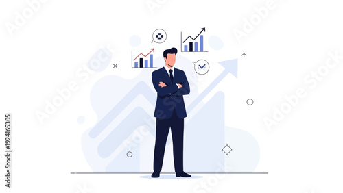 Businessman stands confidently with arms crossed, surrounded by growth charts and upward arrows.