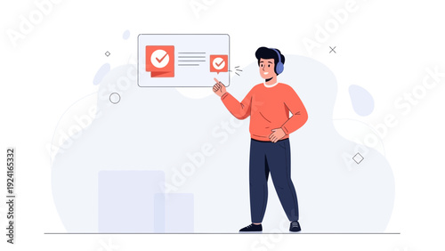 Man with headphones points to checklist and confirmation icon, modern flat illustration