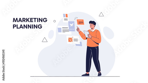 Man doing marketing planning with sticky notes and tablet, business strategy