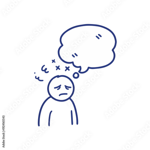Minimalist sketch of tired person with thought bubble and scribbles representing social anxiety and mental exhaustion