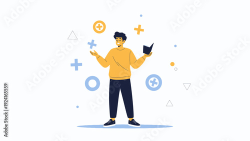 Man Juggling Concepts and Knowledge with Book