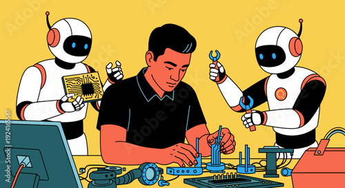 Robotic Engineer Collaborating with Humanoid AI Robot in Workshop