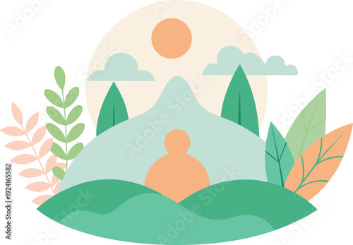 Person meditating in nature with mountains and sun isolated on transparent background, Vector, illustration
