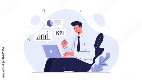 Businessman celebrating success with laptop, KPI, charts, and graphs