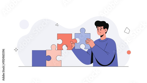 Man assembling jigsaw puzzle, problem solving, teamwork, strategy, idea concept