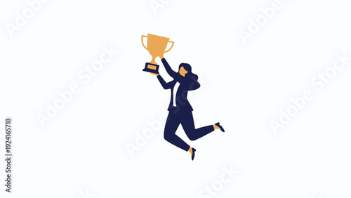Businesswoman celebrating victory holding up a golden trophy, jumping with joy