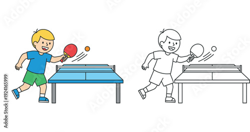 Cute boy playing table tennis illustration. Color and black and white outline versions for children coloring book. Vector line art.