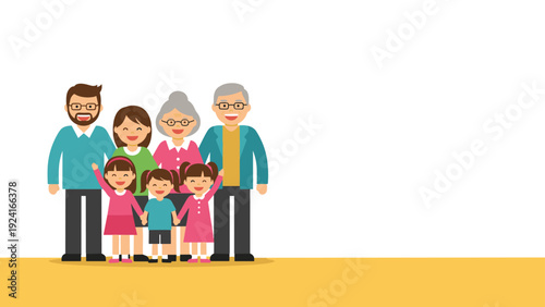 Happy extended family including parents, grandparents, and three children standing together and smiling against a simple background.