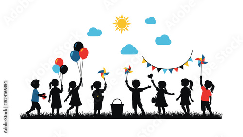 Black silhouettes of children playing with balloons and pinwheels in a grassy field under a bright sun and fluffy clouds.