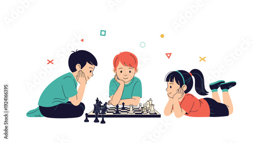 Group of three children focused on playing a game of chess on the floor while lying down and thinking about their next move.