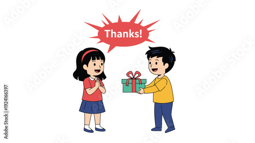 Polite young boy giving a wrapped gift box to a smiling girl who is expressing her gratitude with a thanks speech bubble.