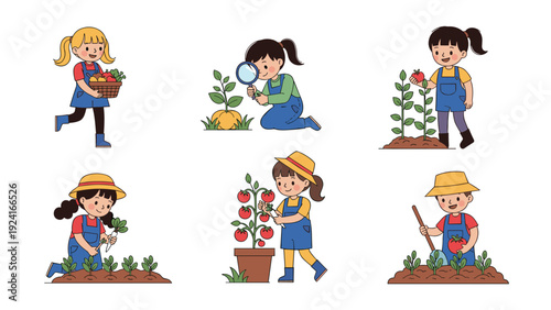 Collection of illustrations showing children engaging in gardening activities like planting, watering, and harvesting fresh vegetables.