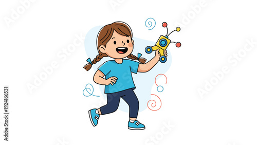 Happy young girl with braided hair running while holding a colorful robotic toy in her hand with swirling background patterns.