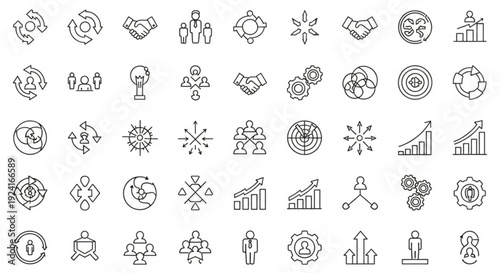 Collection of simple business and technology icons on a clean background, illustrating various concepts and ideas in a straightforward manner