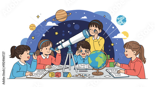 Group of diverse children sitting around a desk exploring science with a telescope, globe, and books in front of a starry sky backdrop.