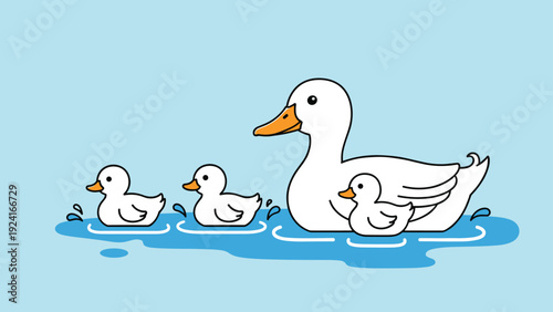 Mother duck swimming on blue water followed by three cute little ducklings in a line against a light blue background.